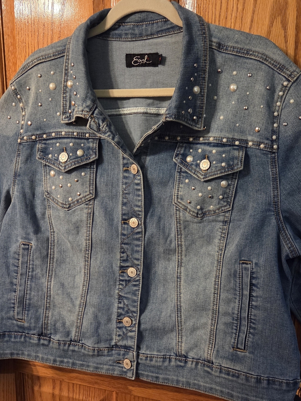 Earl Jeans Light Blue Denim Jacket with Studs & faux Pearls sz 2X